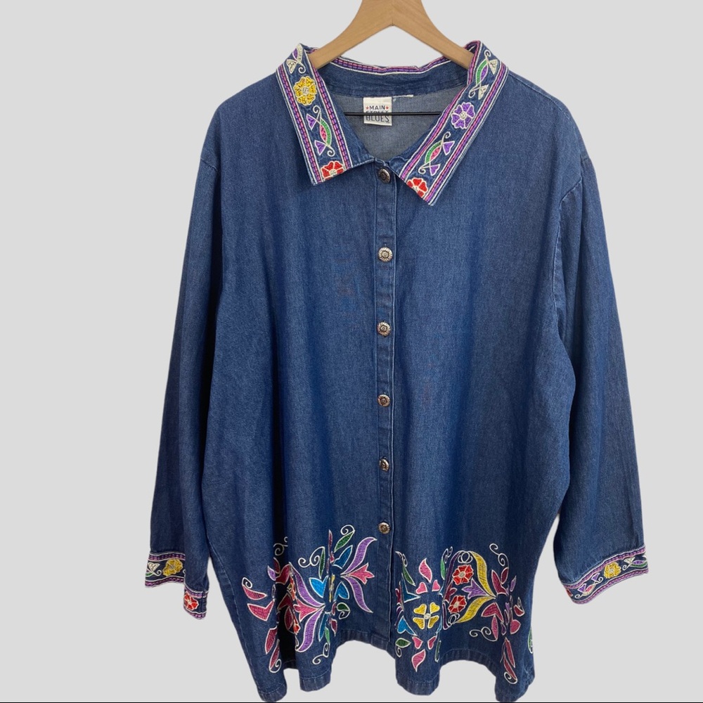 Vintage 90s Main Street Blues Denim Multicolor Floral Embroidered Shirt Jacket